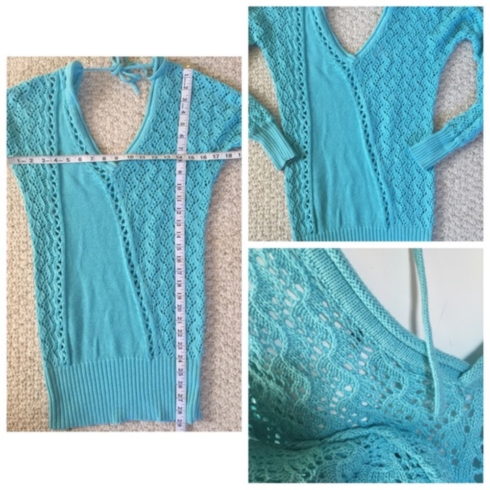 CACHE V-Neck Women's Genuine Silk Blend Open Stich Knit top in Seafoam - Picture 4 of 4